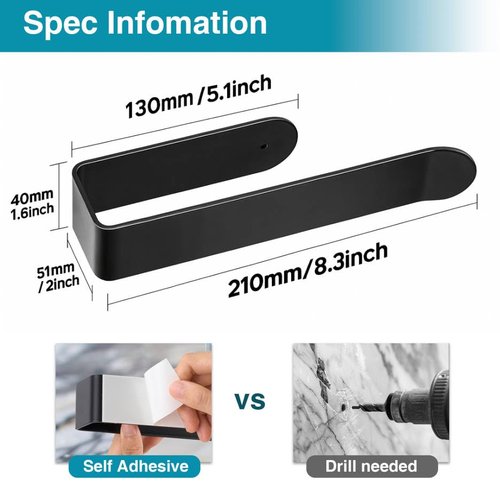 8 Inch Hand Towel Holder, Self Adhesive Towel Bar for Bathroom, Rustproof Aluminum U-Shape Towel Rack Stick on Wall, Black