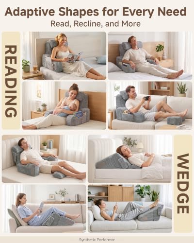 Foldable Reading Pillow for Bed 19" Grey 5-Piece Support System