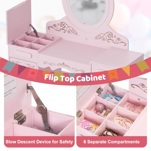 Kids Vanity Set with Large Lighted Mirror and Storage Cabinet - Princess Toddler Dressing Table & Stool