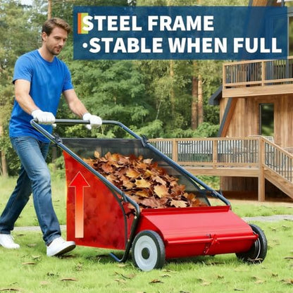Red Push Lawn Sweeper 26-Inch with 7 Cu.Ft. Hopper, 4-Brush Power, Adjustable Height