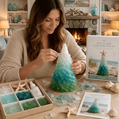 DIY Sea Glass Christmas Tree Craft Kit - Style D, Coastal Holiday Decor, 10cm
