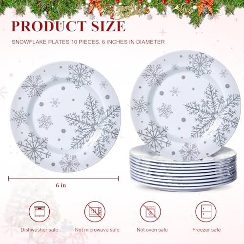 8 Inch Christmas Snowflake Plates Silver White Set of 10 - Winter Holiday Dinnerware
