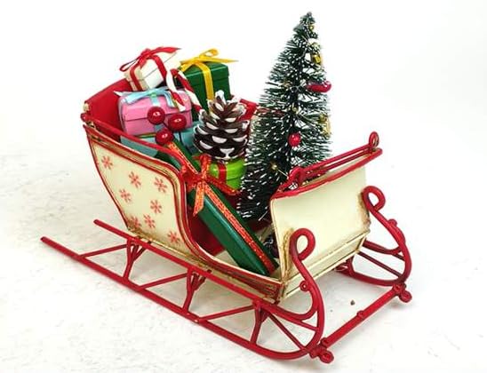 Santa Sleigh Christmas Table Decor with Gifts & Tree - White 6.7" - Festive Indoor Holiday Centerpiece