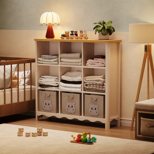 ONBRILL 9 Cube Bookcase Storage Organizer for Kids Rooms White & Nature
