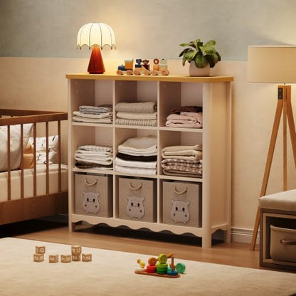 ONBRILL 9 Cube Bookcase Storage Organizer for Kids Rooms White & Nature