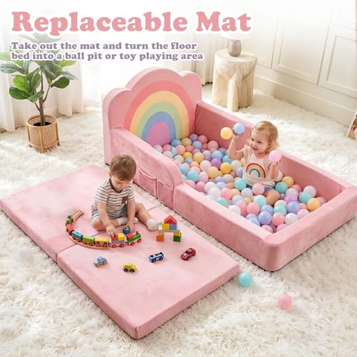 Pink Toddler Floor Bed and Kids Sofa - No Assembly Needed, Soft Foam