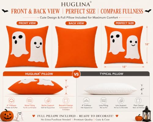 Halloween Ghost Throw Pillow 18x18 Inch with Insert - Orange Embroidered Decor
