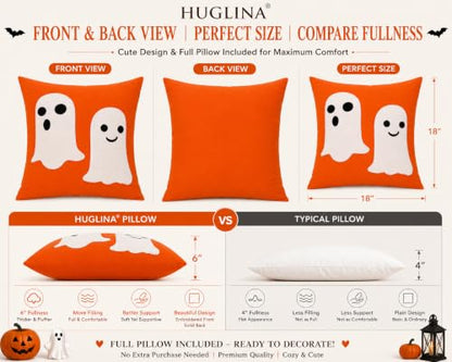 Halloween Ghost Throw Pillow 18x18 Inch with Insert - Orange Embroidered Decor