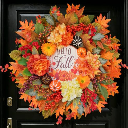 Fall Wreath for Front Door 24-Inch Autumn Harvest Wreath with Dahlias - Orange Variation