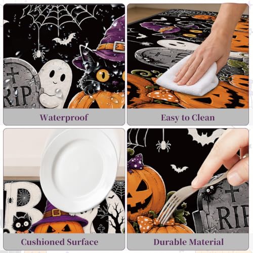 Halloween Kitchen Rugs and Mats Set - Black Cat Ghost Pumpkin Variation