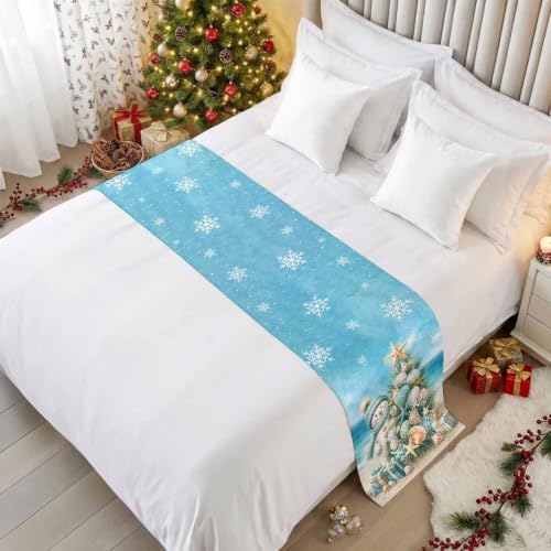 Queen Size Coastal Beach Bed Runner with Christmas Tree Starfish Decor - 83x20 Inches Blue Yellow