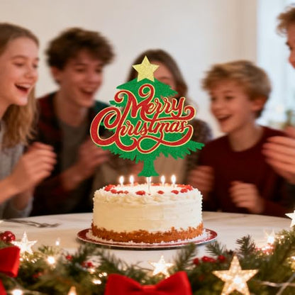 Merry Christmas Cake Topper Red Green Glitter Holiday Decoration - Red 2