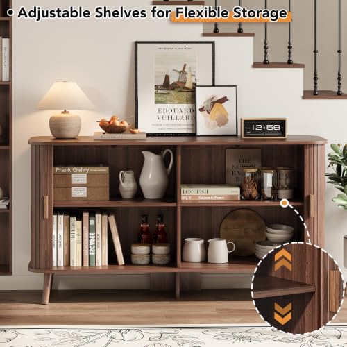 55-Inch Walnut Fluted Sideboard Buffet Cabinet with Sliding Door - Mid-Century Modern Storage