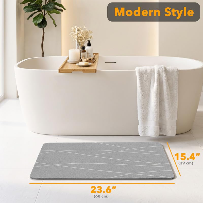 SpaceAid Stone Bath Mat - Gray Line, 23.6 x 15.4 Inches, Quick Dry, Non-Slip