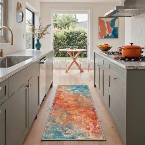 Washable Abstract Runner Rug 2x5 ft Non-Slip Entryway Carpet - Aqua Saffron