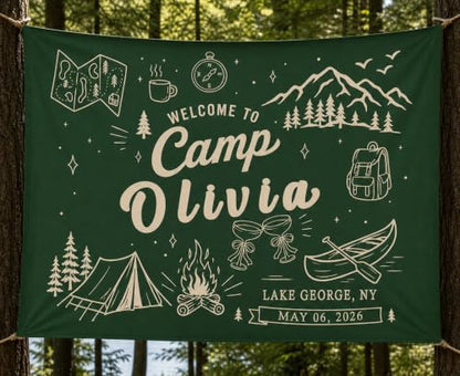 Personalized Camping Tapestry for Bachelorette Party Design 01 - Custom Camp Banner & Welcome Sign