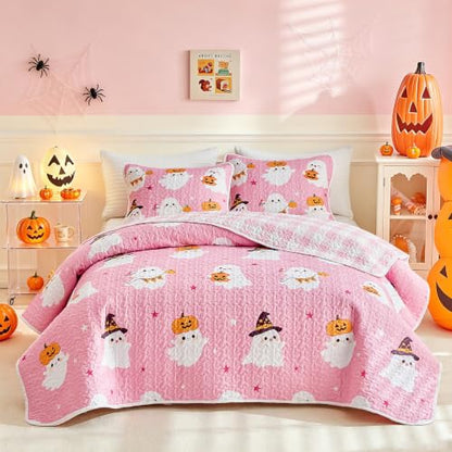 Halloween Ghost Quilt Set Queen - Pink & White Bedspread Coverlet 3-Piece