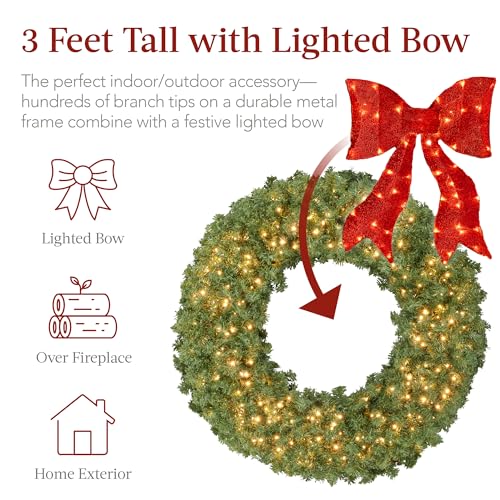 36in Artificial Christmas Wreath with Red Lighted Bow and 150 LED Lights - Green Spruce