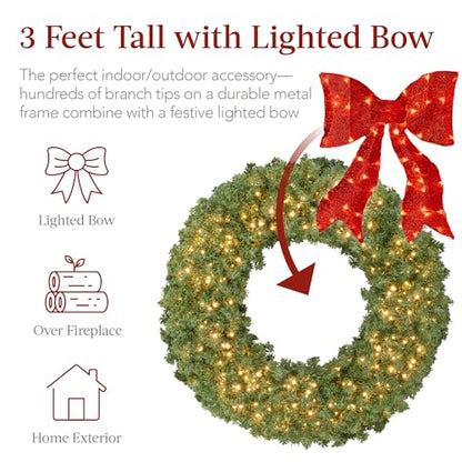 36in Artificial Christmas Wreath with Red Lighted Bow and 150 LED Lights - Green Spruce