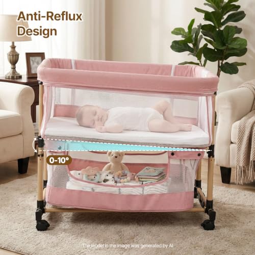 Pink Twin Bassinet for 2 Babies - Portable Rocking Bedside Crib for Twins