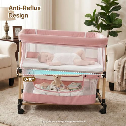 Pink Twin Bassinet for 2 Babies - Portable Rocking Bedside Crib for Twins