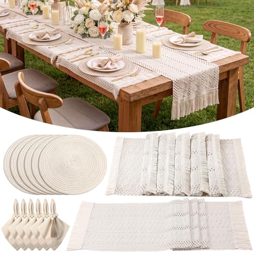 6 Sets Boho Round & Rectangular Woven Placemats Table Decor with Napkins & Rings - Farmhouse Style