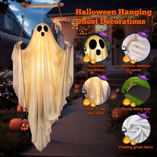 Outdoor Hanging Ghost Decor - 5FT White Swing Ghost with Remote Control Variation