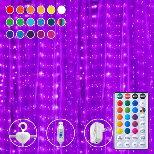 16 Colors Changing Curtain Lights - 250 LED 9.8 X 8.8 FT Fairy String Lights, 7 Modes Twinkle Lights with Remote, Backdrop Wall Hanging Dripping Lights for Bedroom Backyard Halloween Christmas Decor