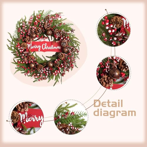24 Inch Artificial Christmas Wreath Winter Front Door Decor with Pine Cones & Bells