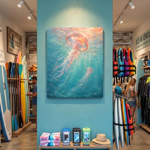 Pink Coastal Wall Art - Underwater Pink Jellyfish Canvas, 24x30 Inches