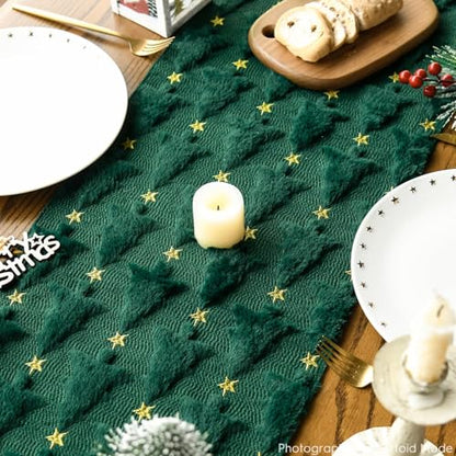 Christmas Tree Stars Green Plush Faux Fur Jacquard Table Runner 13x72 Inch - Holiday Decor
