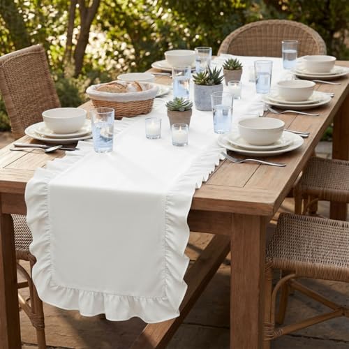 Farmhouse Ruffled Scalloped Table Runner 14 x 118 Inch White - Cotton Decor