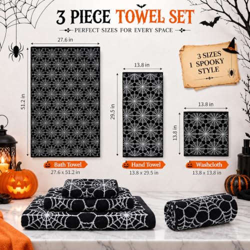 Halloween Cotton Towels Set of 3 with Spider Web Design - Black & White Decor