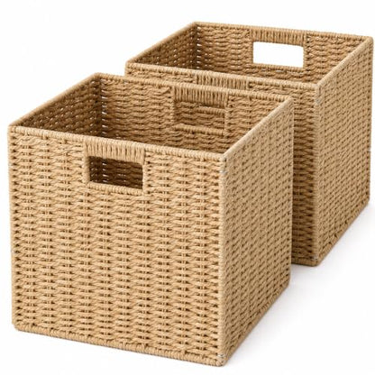 Wicker Storage Basket Set of 2, 13x13x13 Inch Foldable Cube Bins with Handles