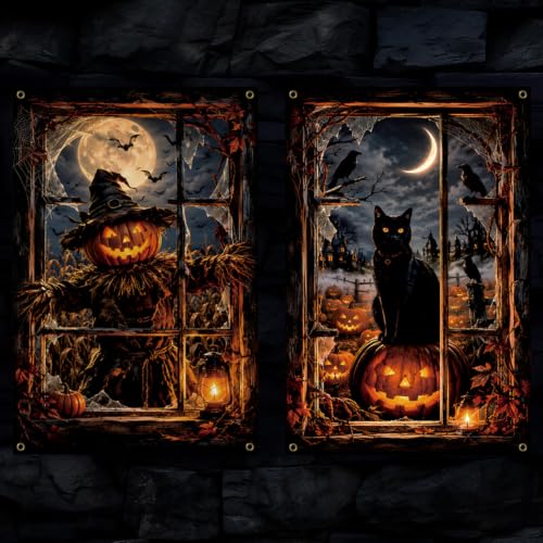Halloween Window Cover 2PCS Pumpkin Cat Decorations Spooky Home Decor