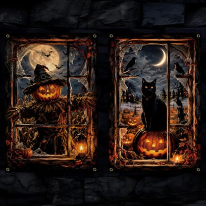 Halloween Window Cover 2PCS Pumpkin Cat Decorations Spooky Home Decor