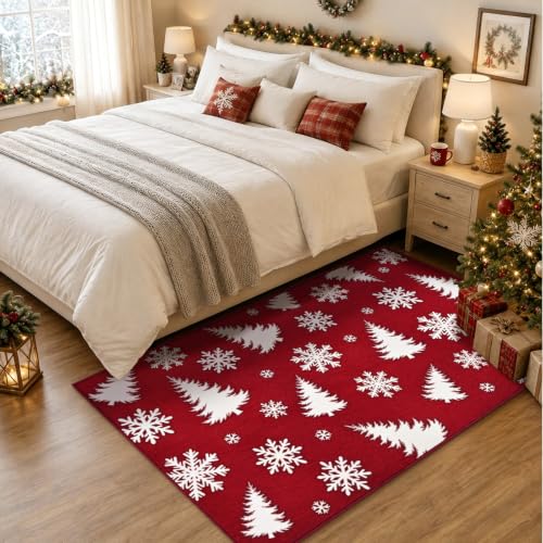 Red Snowflake Christmas Rug 3x5 Washable Non-Slip Holiday Carpet for Bedroom