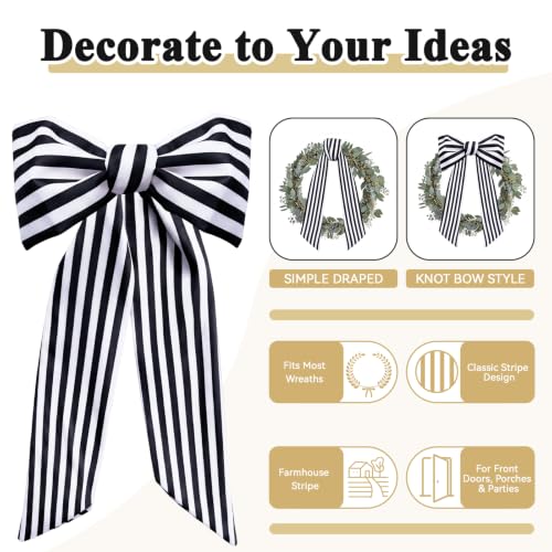 2 Pack Black & White Stripe Wreath Sashes for Front Door - Elegant Decor