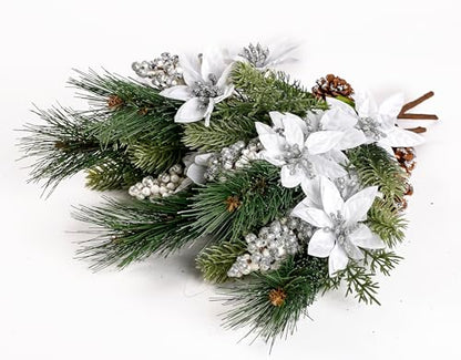 Artificial Christmas Poinsettia Picks with Faux Berries Pine Branches and Cones - Silver, Set of 6