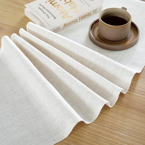 Cotton Linen Table Runner 13x48 Inch Off White with Hand Tassels - Farmhouse Decor