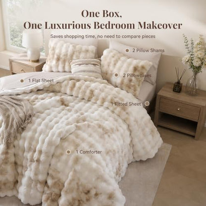 Weigelia Faux Rabbit Fur King Comforter Set - Tiedyekhaki 7 Piece Bed in a Bag