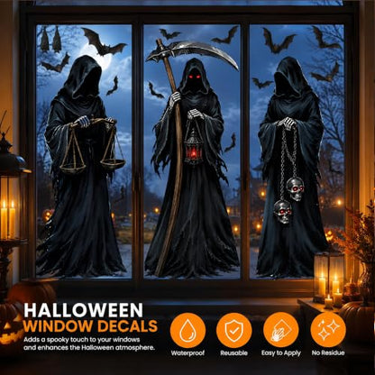 Large Halloween Grim Reaper Window Clings - Spooky Reaper & Bat Decorations