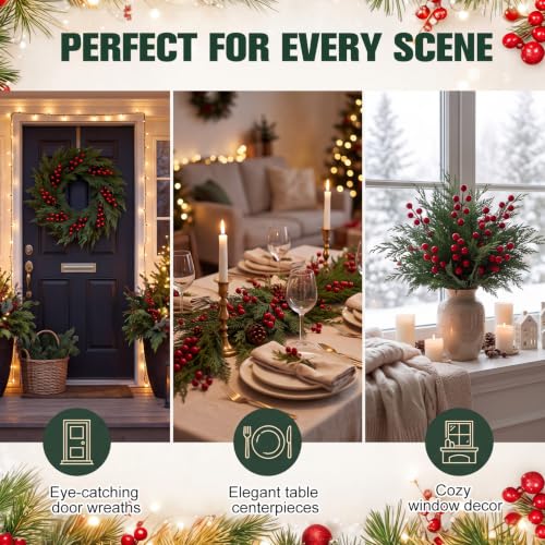 Snow Flocked Artificial Christmas Pine Stems with Red Berry Stems - 500 Pcs