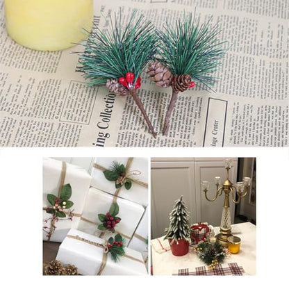 Artificial Christmas Pine Branches with Red Berries and Green Leaves - 4PCS Holiday Decor