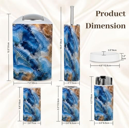 Bathroom Accessory Set 6PCS Blue Agate Mineral Layered Crystalline Pattern Multi3