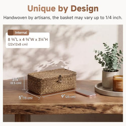StorageWorks Wicker Basket with Lid - Brown Seagrass, 9 x 5 x 3¼ Inches