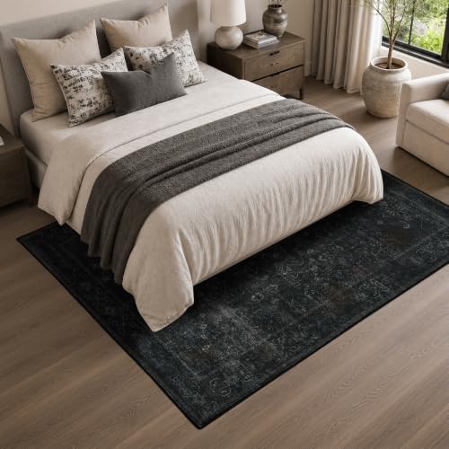 Vintage Washable 5x7 Area Rug Black - Distressed Geometric Pattern, Soft & Non-Slip