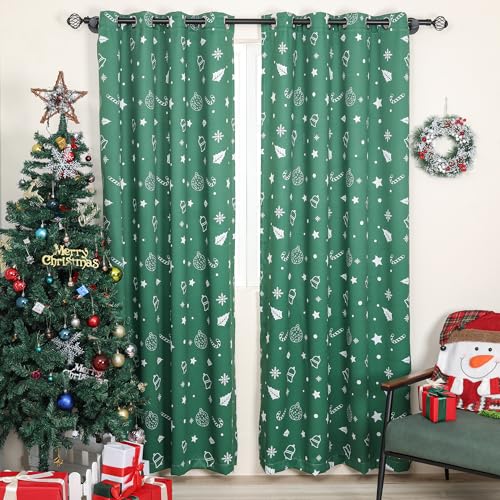 Green Xmas Curtains 52x84 Inches Pack of 2 Snowflakes & Stars Printed Blackout Window Drapes