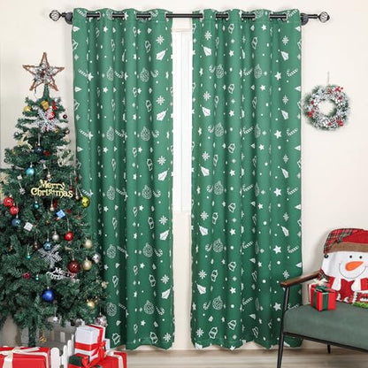 Green Xmas Curtains 52x84 Inches Pack of 2 Snowflakes & Stars Printed Blackout Window Drapes