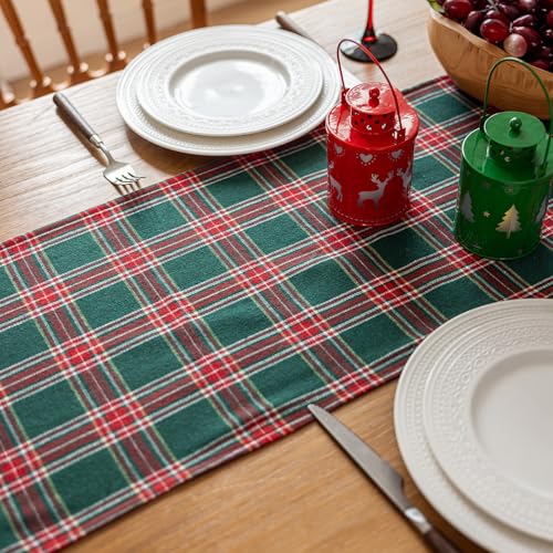 Joyfol Day Green Tartan Christmas Table Runner 13x72 Inch - Stain Resistant & Washable Holiday Decor